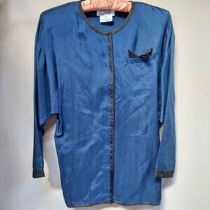 CHAR Womens Sz 8 Silk Blue Black Trim Button Up Shirt Blouse Top Long Sleeve New